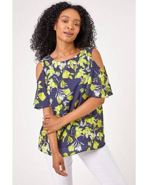 Roman Petite Floral Print Cold Shoulder Chiffon Top - Blue