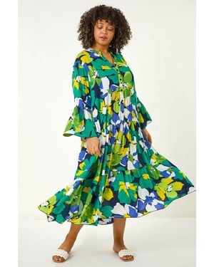 Roman Curve Floral Print Tiered Dress - Green