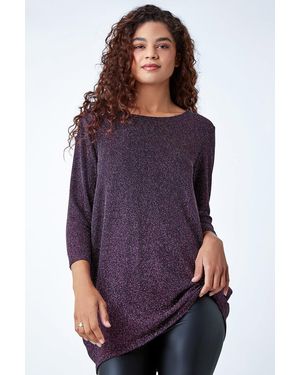 Roman Shimmer Dipped Hem Stretch Top - Purple