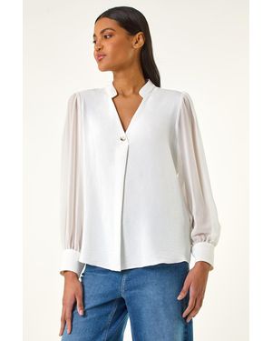 Roman Chiffon Sleeve V-Neck Pleated Top - White