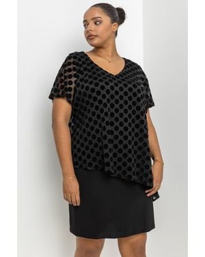 Roman Curve Flock Spot Overlay Dress - Black
