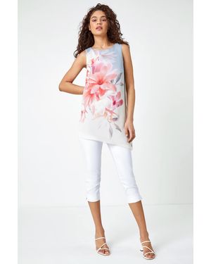 Roman Floral Print Asymmetric Top - White