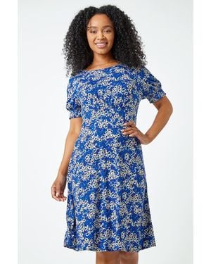 Roman Petite Shirred Sleeve Floral Dress - Blue