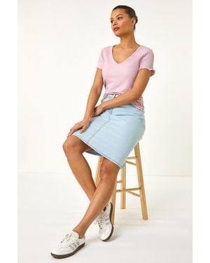Roman Cotton Denim Stretch A Line Skirt - Blue