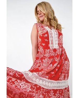 Roman Curve Broderie Boho Printed Maxi Dress - Red