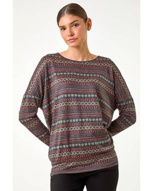Roman Heart Print Drop Shoulder Stretch Top - Blue
