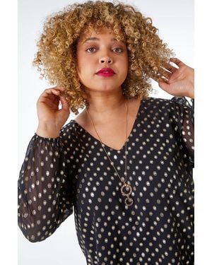 Roman Curve Metallic Spot Chiffon Necklace Tunic Top - Black