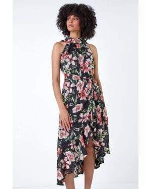 Roman Metallic Foil Floral Halter Neck Midi Dress - White