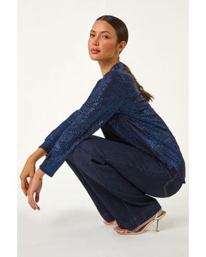 Roman Sequin V-Neck Stretch Shirt - Blue