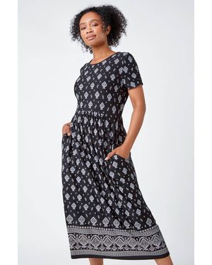 Roman Petite Border Print Stretch Midi Dress - Blue