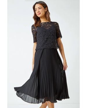 Roman Lace Top Overlay Pleated Midi Dress - Black
