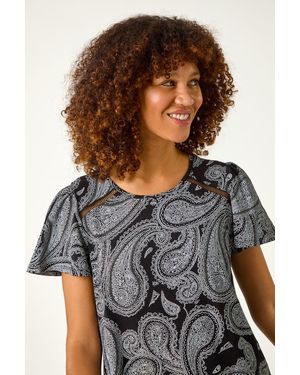 Roman Paisley Print Ladder Trim Top - Grey