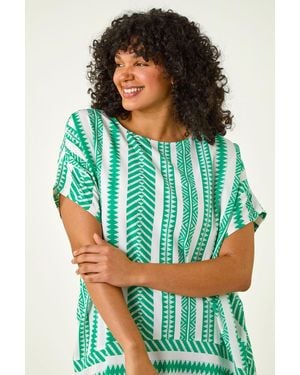 Roman Curve Aztec Print Border Hem Top - Green