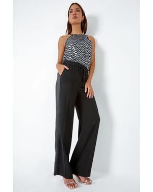 Roman Satin Stripe Elastic Waist Wide Leg Trousers - Blue
