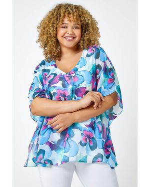 Roman Curve Floral Print Relaxed Chiffon Top - Blue
