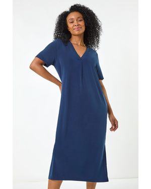 Roman Petite V-Neck Stretch Midi Dress - Blue