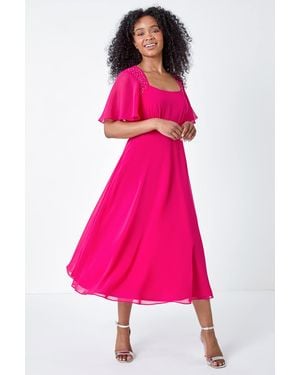 Roman Petite Shimmer Pleated Chiffon Midi Dress - Pink