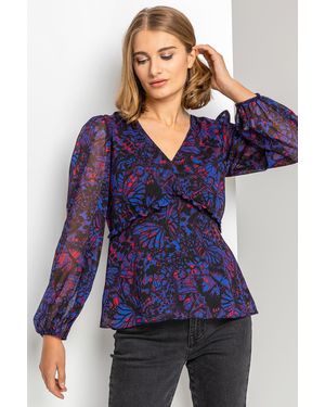 Roman Abstract Butterfly Print Frill Detail Blouse - Blue