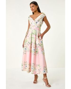 Roman Floral Print Bardot Midi Stretch Dress - Pink