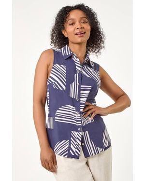 Roman Petite Geometric Print Sleeveless Blouse - Blue