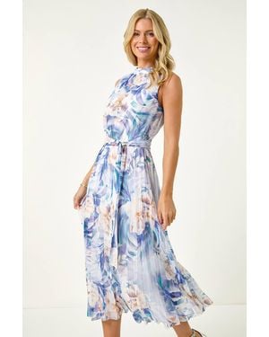 Roman Petite Floral Pleated Halter Neck Midi Dress - Blue