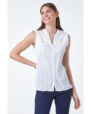 Roman Broderie Crinkle V-Neck Cotton Top - White