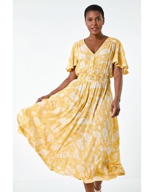 Roman Floral Print Tiered Midi Dress - Yellow