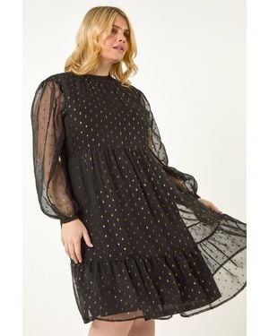 Roman Curve High Neck Metallic Overlay Swing Dress - Black