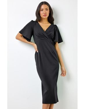 Roman Gathered Wrap Front Midi Dress - Black