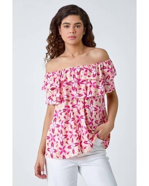 Roman Geo Tie Dye Frill Bardot Top - Red