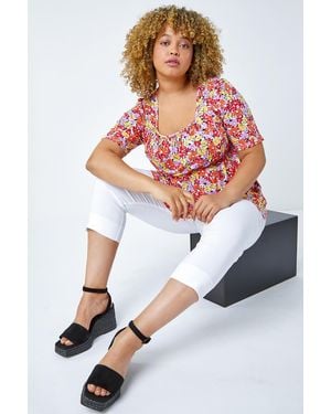 Roman Curve Floral Print Smock Top - White