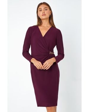 Roman Chain Detail Stretch Bodycon Midi Wrap Dress - Purple