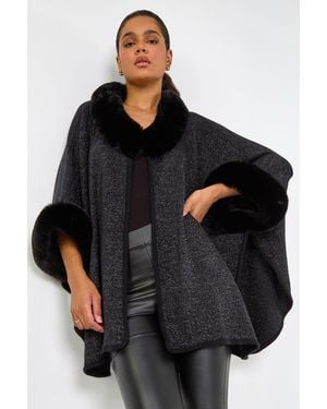 Roman Faux Fur Button Up Poncho - Black