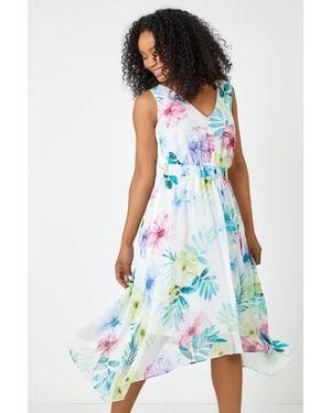 Roman Petite Floral Print Shirred Asymmetric Dress - White