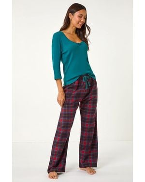 Roman Check Print Bow Detail Pyjama Set - Blue