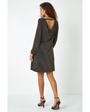 Roman Glitter Cowl Cutout Swing Stretch Dress - Metallic