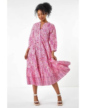 Roman Petite Aztec Tiered Midi Dress - Pink