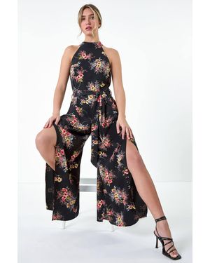 D.u.s.k Floral Halter Neck Side Split Jumpsuit - White