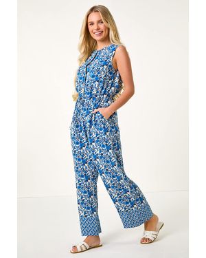Roman Petite Floral Border Print Jumpsuit - Blue