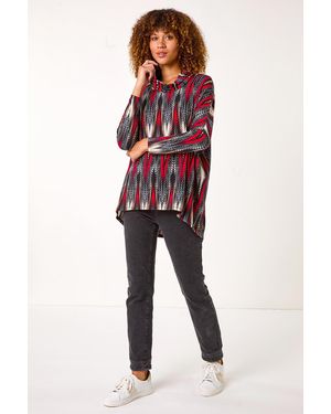 Roman Abstract Relaxed Cowl Neck Tunic Top - Red