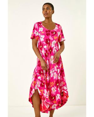 Roman Floral Print Asymmetric Hem T-Shirt Dress - Red