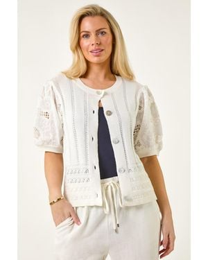 Roman Petite Embroidered Sleeve Knit Cardigan - White