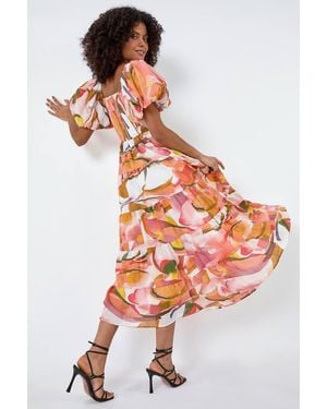 D.u.s.k Abstract Tiered Puff Sleeve Midi Dress - Orange