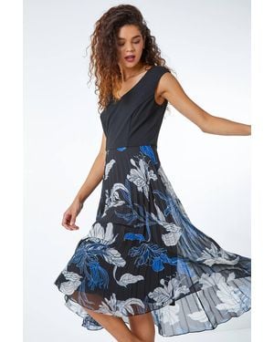 Roman Floral Print Pleated Chiffon Midi Dress - Blue