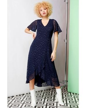 Roman Spot Chiffon Frill Asymmetric Midi Dress - Blue