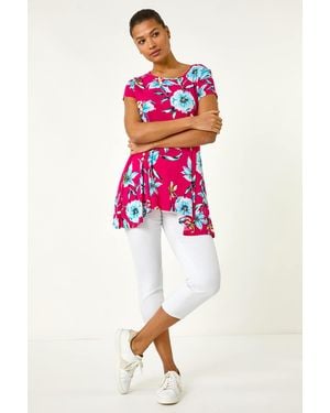 Roman Floral Print Hanky Hem Stretch Tunic Top - Pink