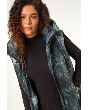 Roman Print Longline Hooded Gilet - Black