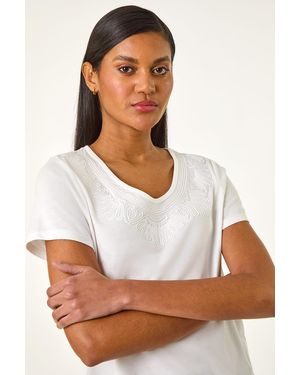 Roman Cotton Embroidery V-Neck T-Shirt - White