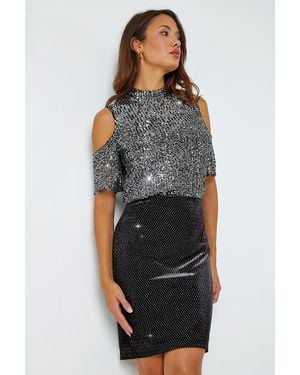 Roman Velvet Glitter Pencil Elastic Waist Skirt - Black