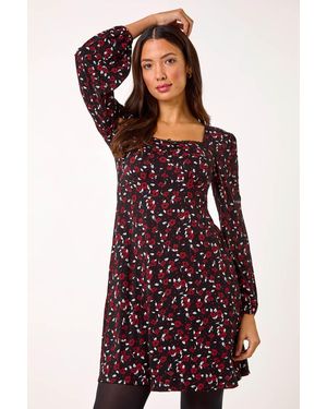 Roman Ditsy Print Lace Trim Stretch Dress - Red